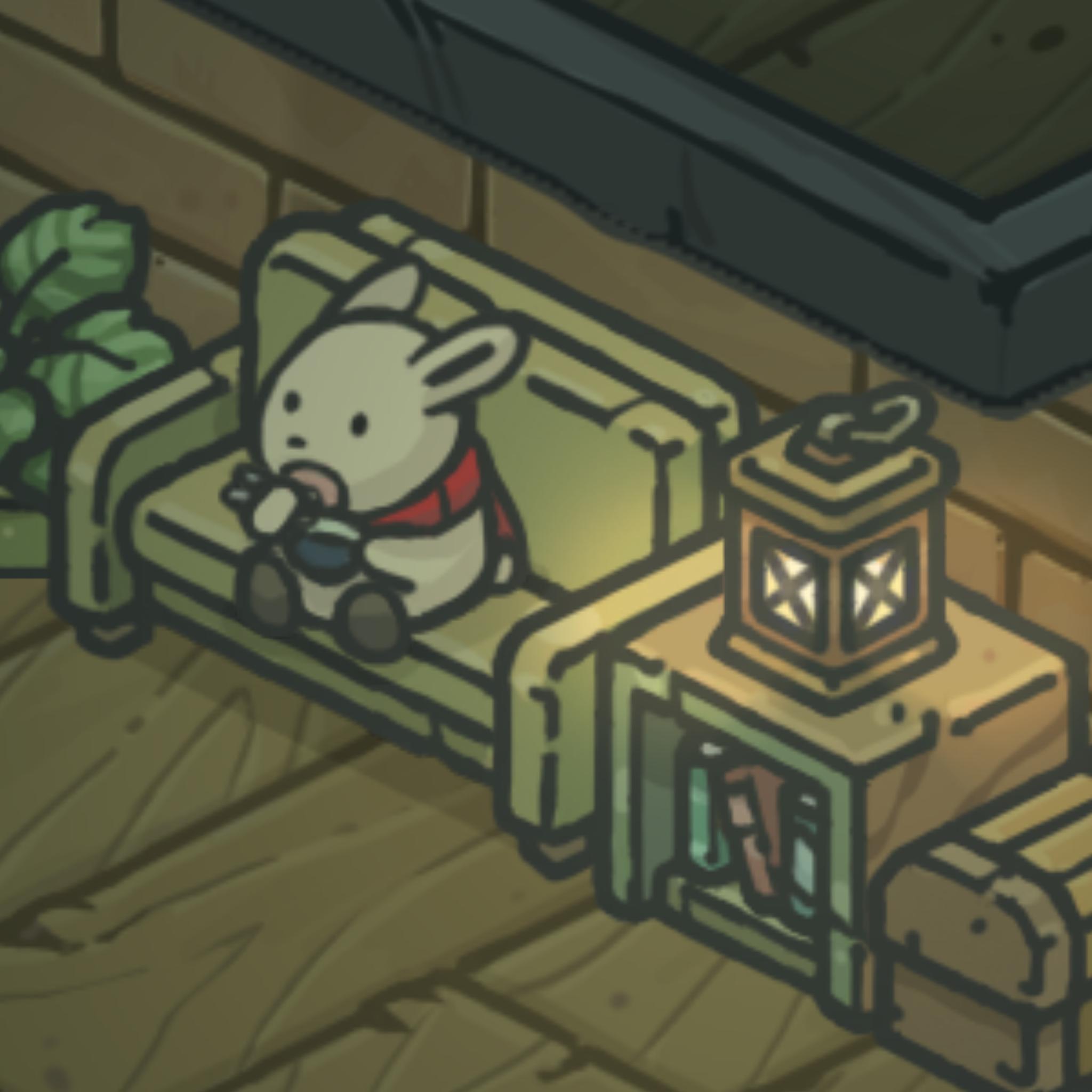 Tsuki está comendo lamem sentado em um sofa ao lado de uma lamparina acesa(imagem em tons de verde e marrom)